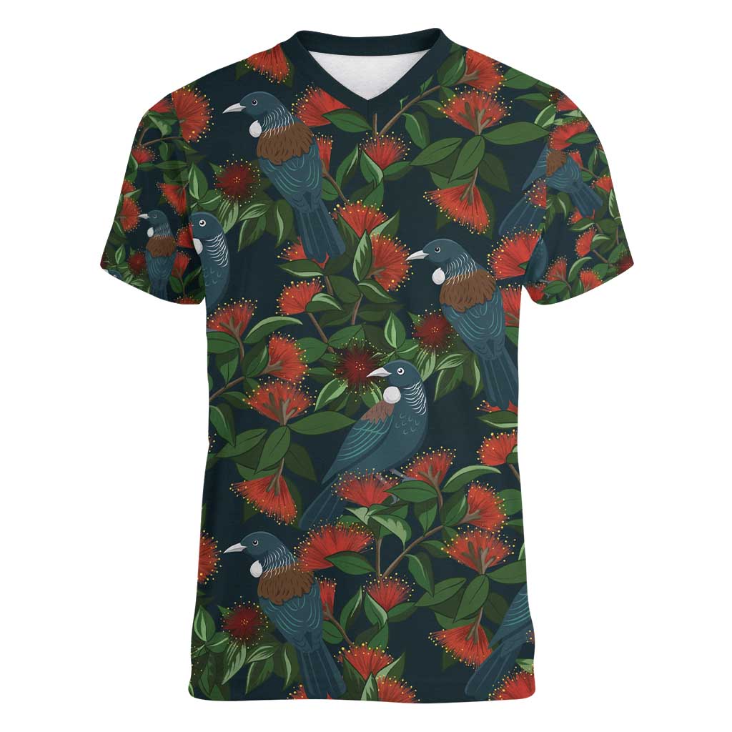 New Zealand Christmas Women V-Neck T-Shirt Romantic Tui Birds on Pohutukawa - Cobalt LT7 Female Cobalt - Polynesian Pride