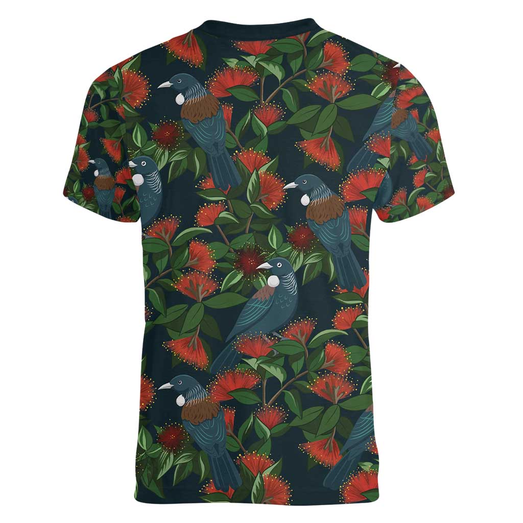 New Zealand Christmas Women V-Neck T-Shirt Romantic Tui Birds on Pohutukawa - Cobalt LT7 - Polynesian Pride