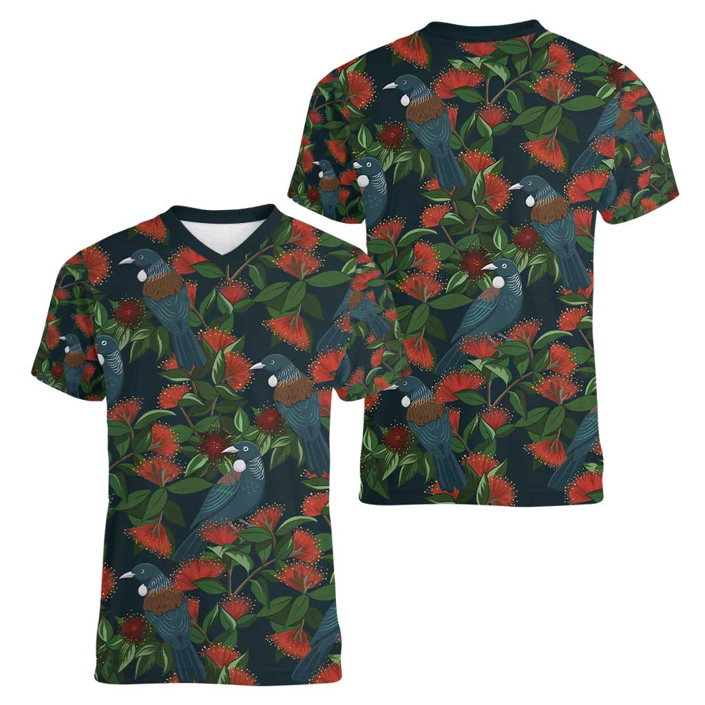 New Zealand Christmas Women V-Neck T-Shirt Romantic Tui Birds on Pohutukawa - Cobalt LT7 - Polynesian Pride