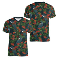 New Zealand Christmas Women V-Neck T-Shirt Romantic Tui Birds on Pohutukawa - Cobalt LT7 - Polynesian Pride