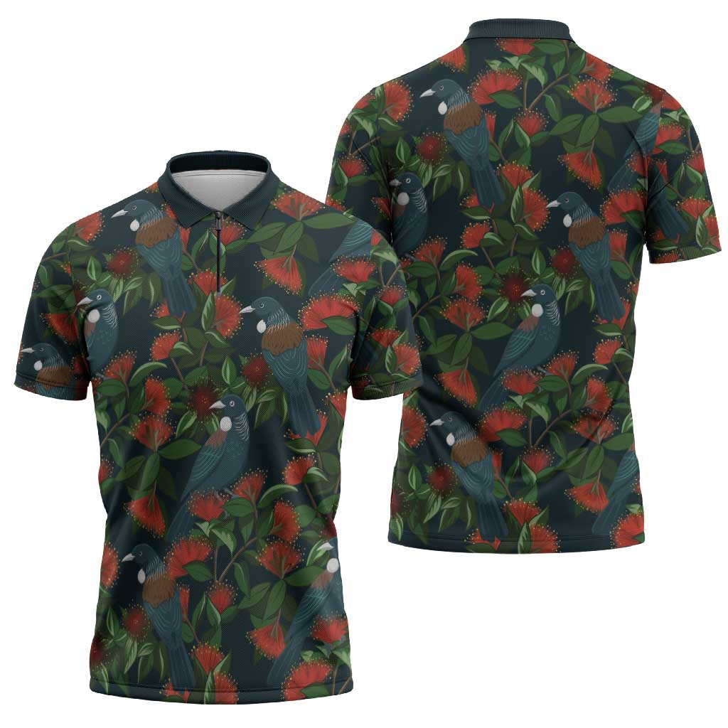 New Zealand Christmas Zipper Polo Shirt Romantic Tui Birds on Pohutukawa - Cobalt - Polynesian Pride