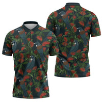 New Zealand Christmas Zipper Polo Shirt Romantic Tui Birds on Pohutukawa - Cobalt - Polynesian Pride