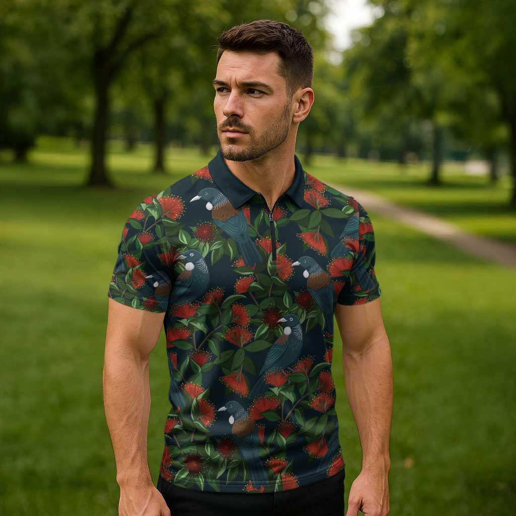 New Zealand Christmas Zipper Polo Shirt Romantic Tui Birds on Pohutukawa - Cobalt - Polynesian Pride