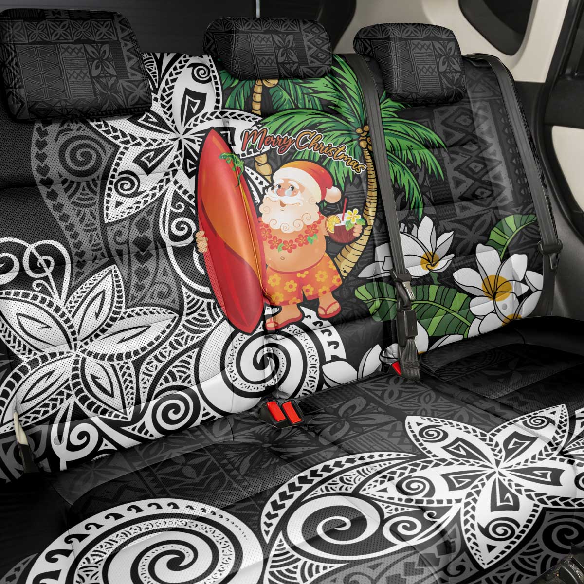 Polynesian Back Car Seat Cover Tropical Santa - Plumeria Black Vintage LT7 - Polynesian Pride