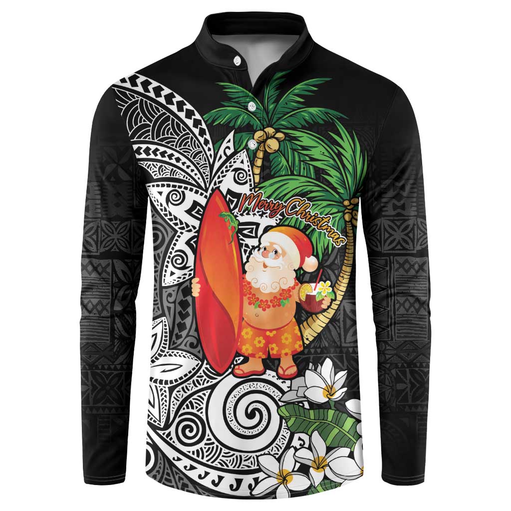 Polynesian Button Sweatshirt Tropical Santa - Plumeria Black Vintage