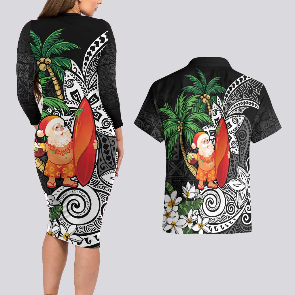 Polynesian Couples Matching Long Sleeve Bodycon Dress and Hawaiian Shirt Tropical Santa - Plumeria Black Vintage LT7 - Polynesian Pride