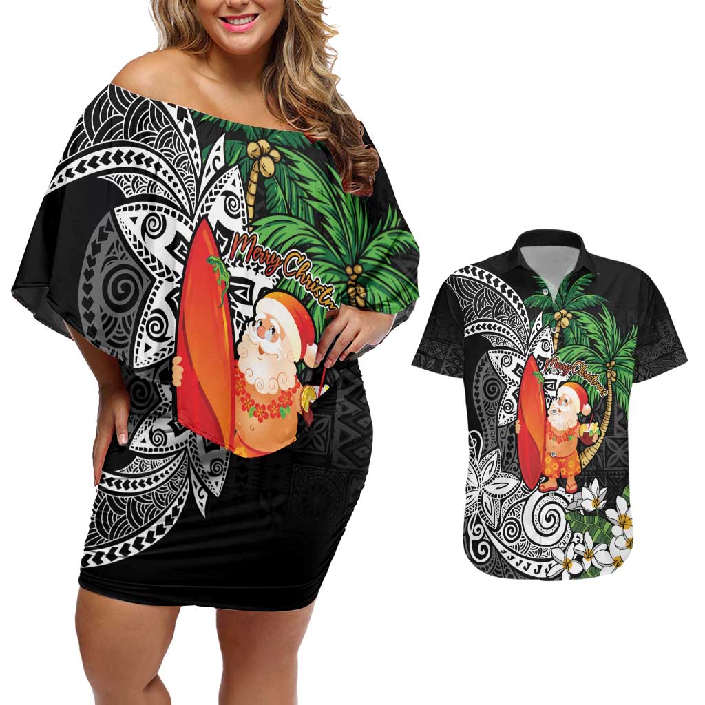 Polynesian Couples Matching Off Shoulder Short Dress and Hawaiian Shirt Tropical Santa - Plumeria Black Vintage