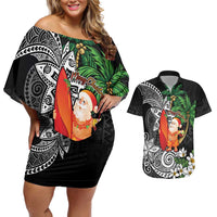 Polynesian Couples Matching Off Shoulder Short Dress and Hawaiian Shirt Tropical Santa - Plumeria Black Vintage