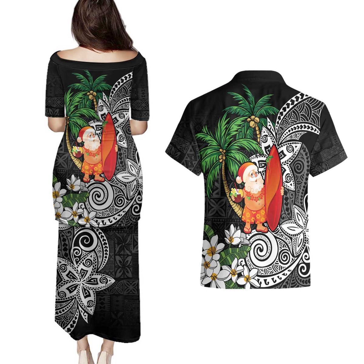 Polynesian Couples Matching Puletasi and Hawaiian Shirt Tropical Santa - Plumeria Black Vintage