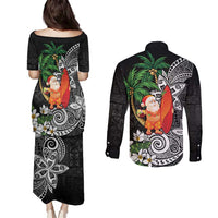 Polynesian Couples Matching Puletasi and Long Sleeve Button Shirt Tropical Santa - Plumeria Black Vintage