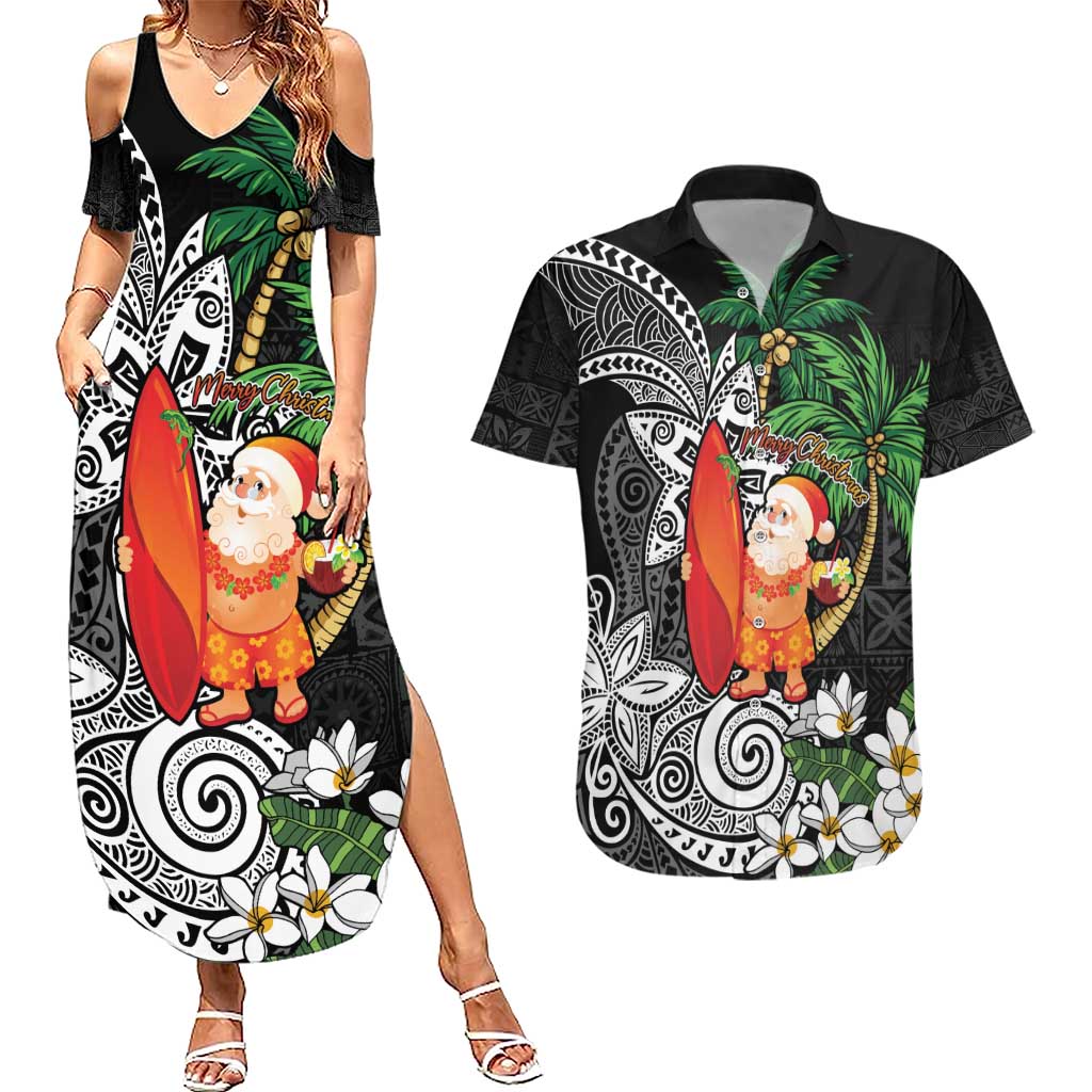 Polynesian Couples Matching Summer Maxi Dress and Hawaiian Shirt Tropical Santa - Plumeria Black Vintage