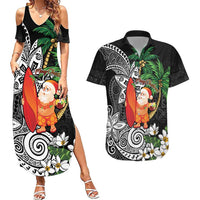 Polynesian Couples Matching Summer Maxi Dress and Hawaiian Shirt Tropical Santa - Plumeria Black Vintage