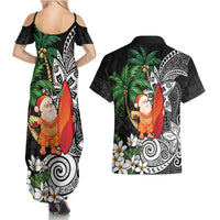Polynesian Couples Matching Summer Maxi Dress and Hawaiian Shirt Tropical Santa - Plumeria Black Vintage