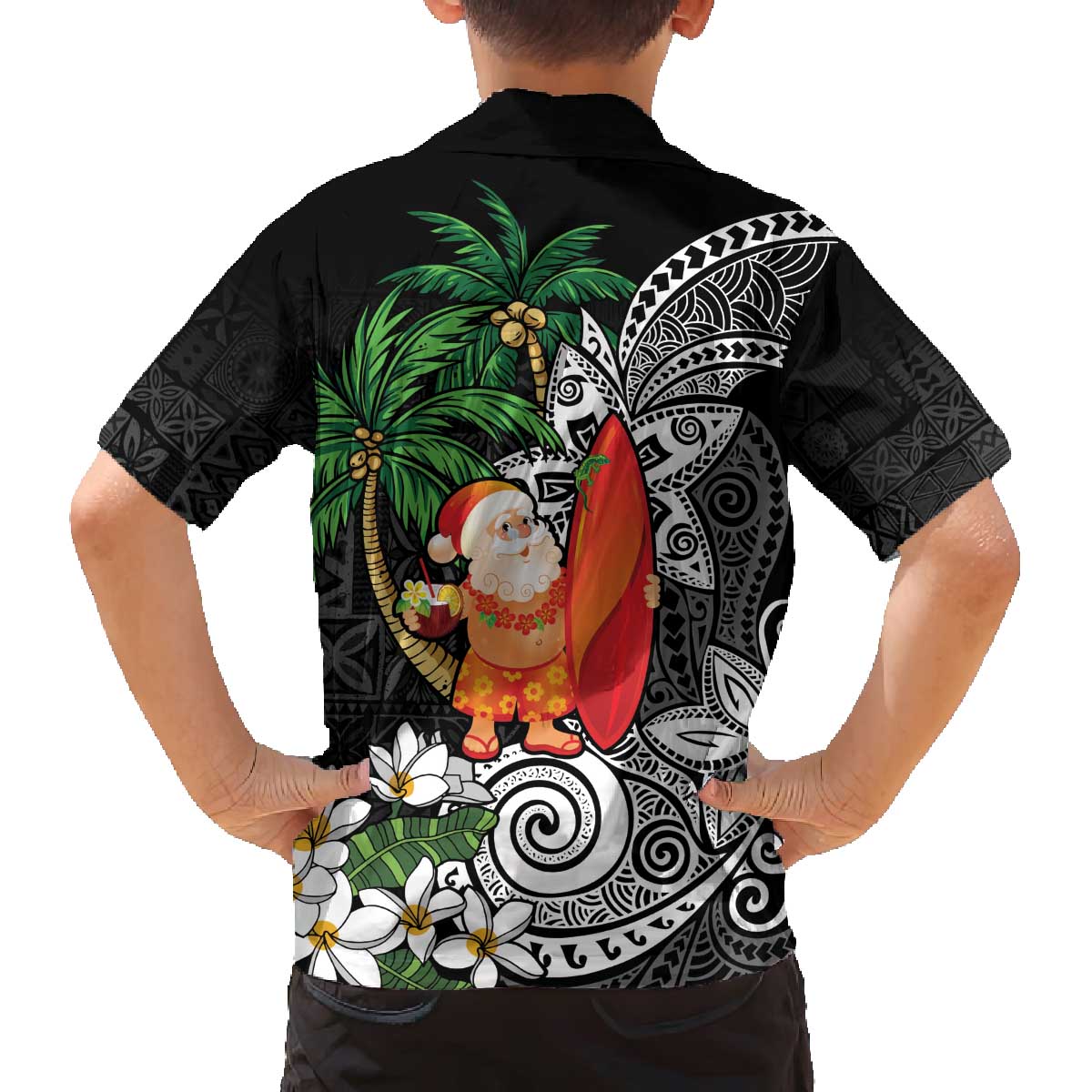 Polynesian Family Matching Off The Shoulder Long Sleeve Dress and Hawaiian Shirt Tropical Santa - Plumeria Black Vintage LT7 - Polynesian Pride