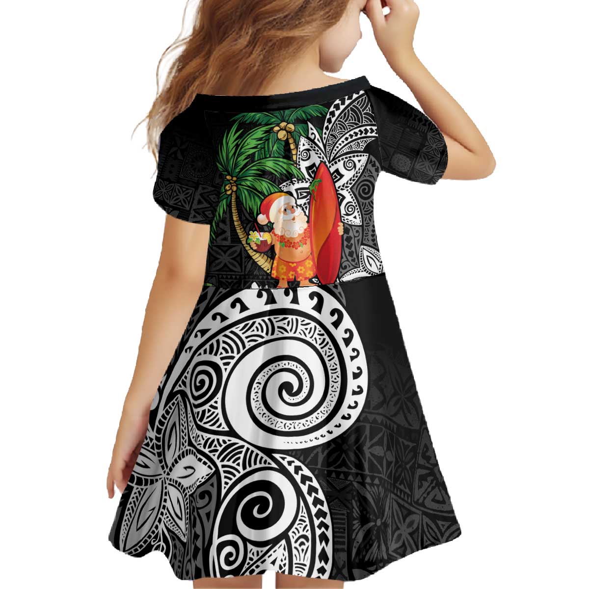 Polynesian Family Matching Off The Shoulder Long Sleeve Dress and Hawaiian Shirt Tropical Santa - Plumeria Black Vintage LT7 - Polynesian Pride