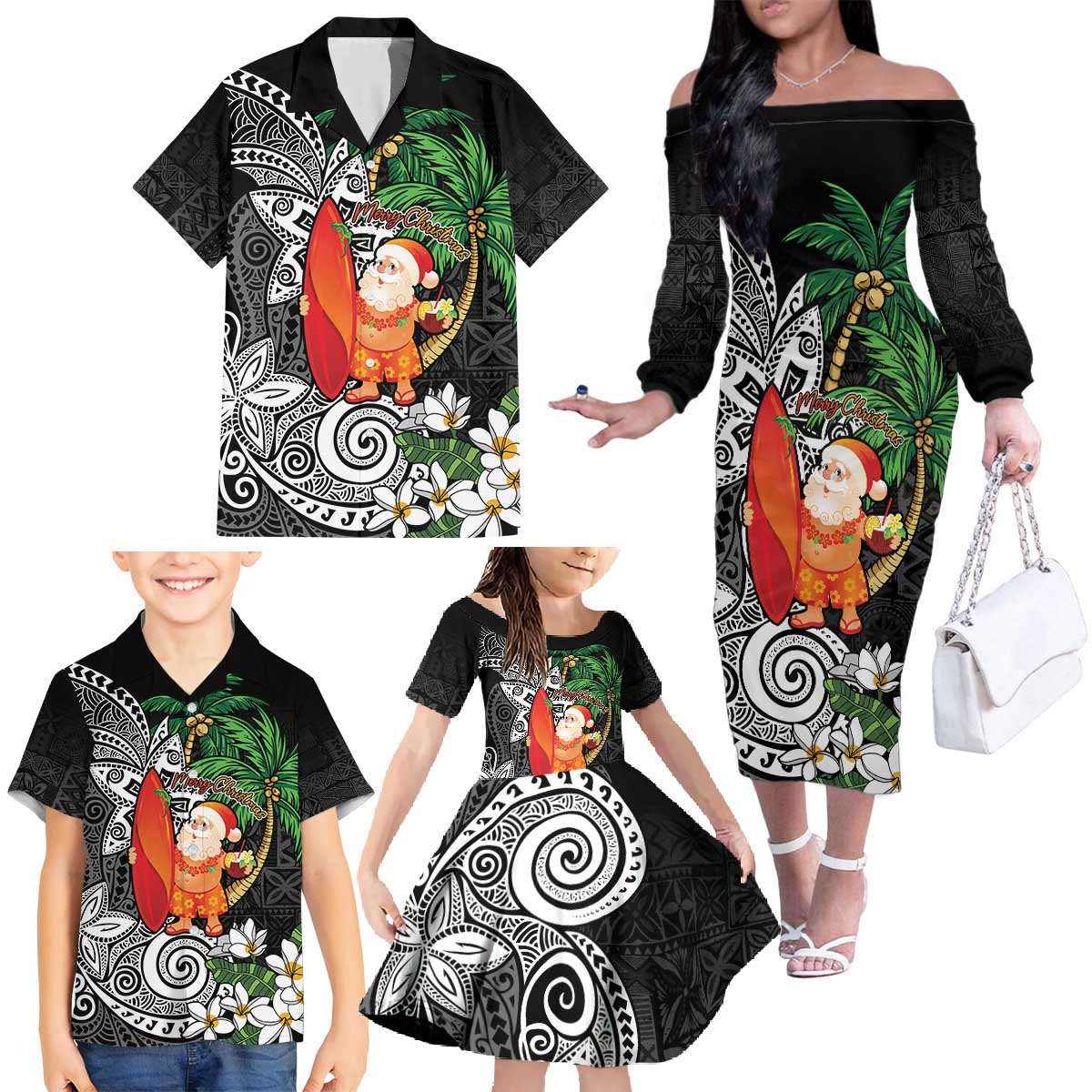 Polynesian Family Matching Off The Shoulder Long Sleeve Dress and Hawaiian Shirt Tropical Santa - Plumeria Black Vintage LT7 - Polynesian Pride