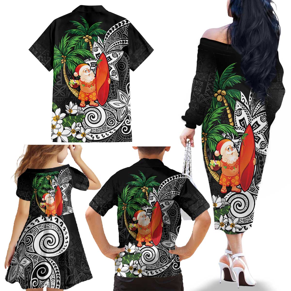 Polynesian Family Matching Off The Shoulder Long Sleeve Dress and Hawaiian Shirt Tropical Santa - Plumeria Black Vintage LT7 - Polynesian Pride