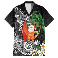 Polynesian Family Matching Off The Shoulder Long Sleeve Dress and Hawaiian Shirt Tropical Santa - Plumeria Black Vintage LT7 Dad's Shirt - Short Sleeve Black - Polynesian Pride