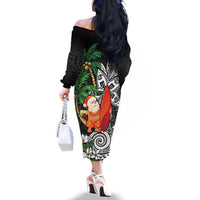 Polynesian Family Matching Off The Shoulder Long Sleeve Dress and Hawaiian Shirt Tropical Santa - Plumeria Black Vintage LT7 - Polynesian Pride