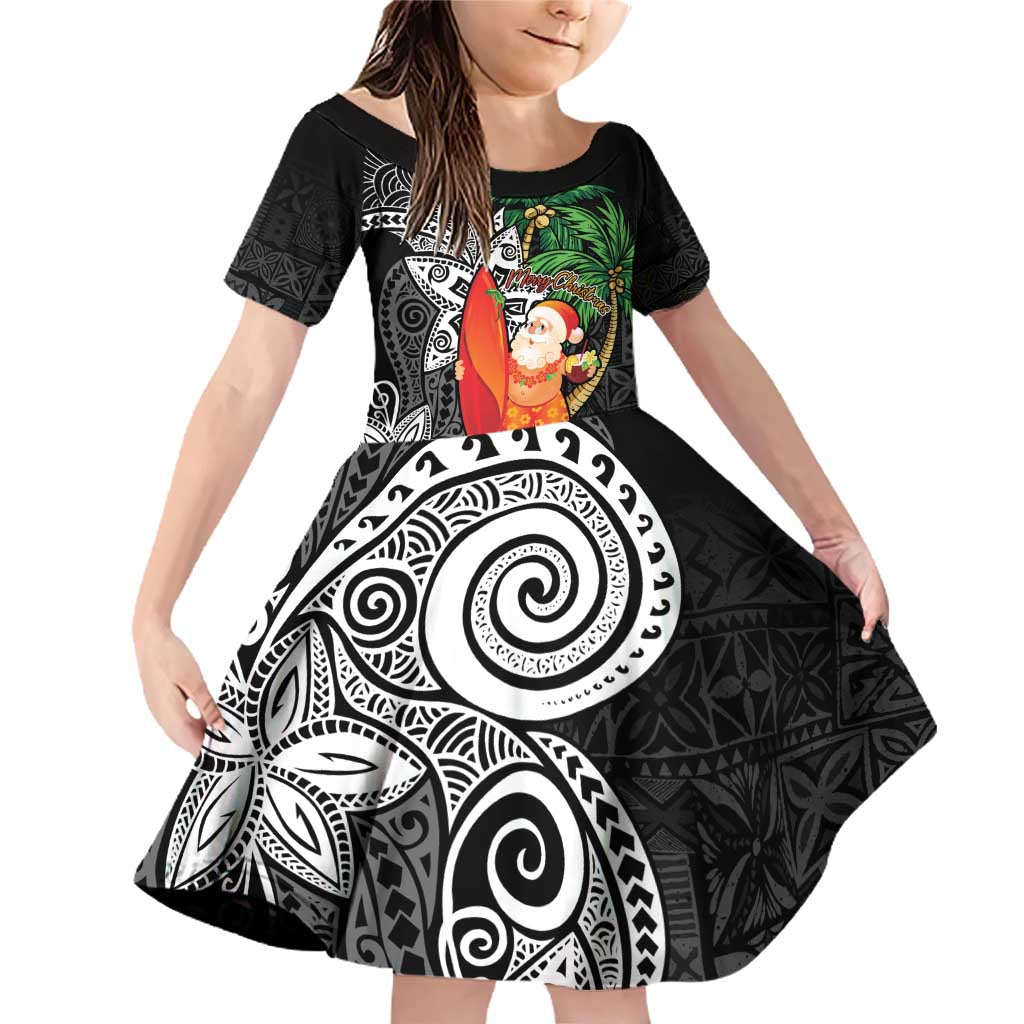 Polynesian Family Matching Off Shoulder Short Dress and Hawaiian Shirt Tropical Santa - Plumeria Black Vintage LT7 Daughter's Dress Black - Polynesian Pride