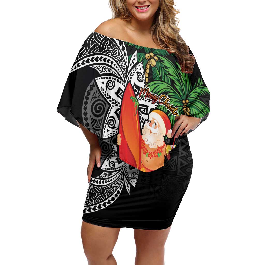 Polynesian Family Matching Off Shoulder Short Dress and Hawaiian Shirt Tropical Santa - Plumeria Black Vintage LT7 Mom's Dress Black - Polynesian Pride