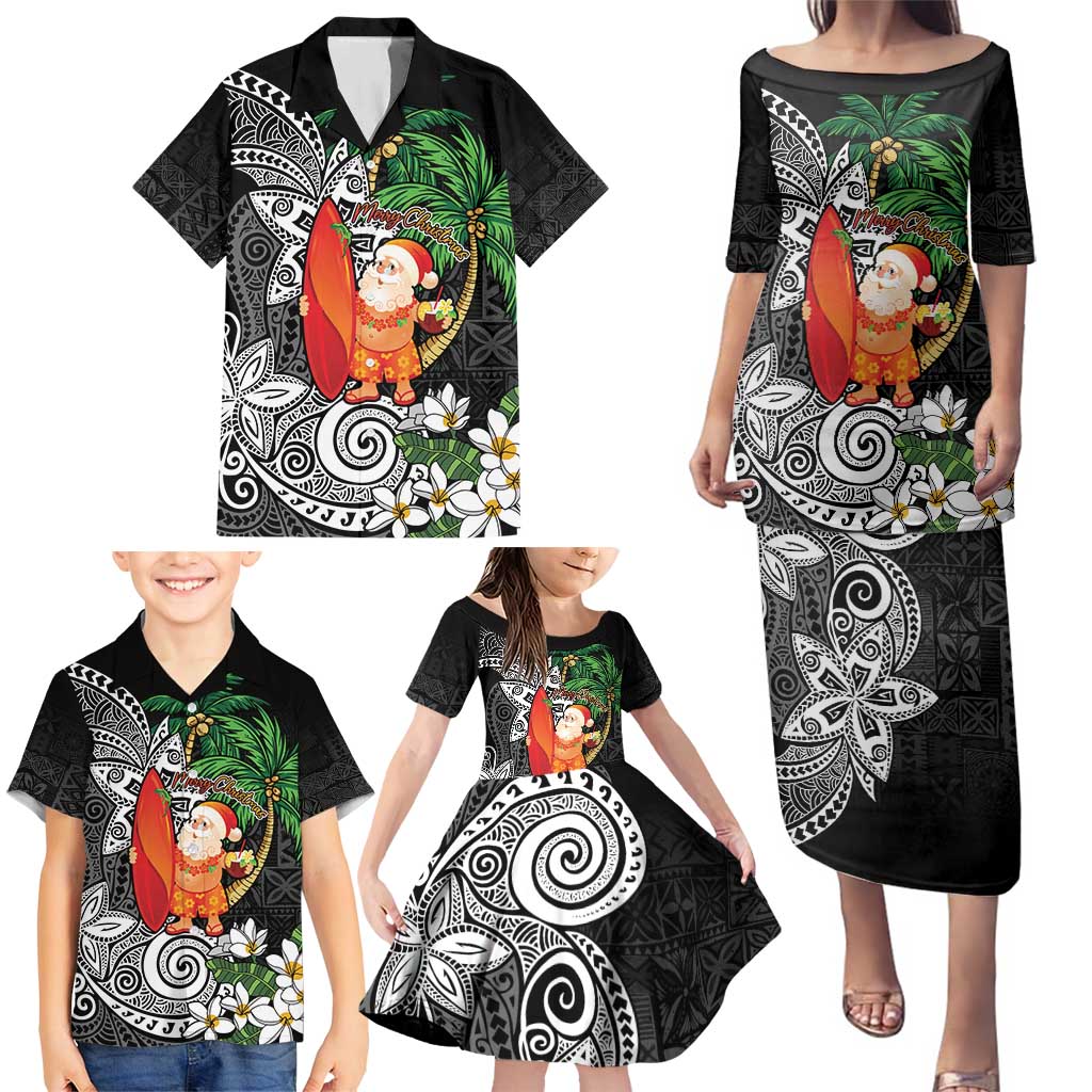 Polynesian Family Matching Puletasi and Hawaiian Shirt Tropical Santa - Plumeria Black Vintage