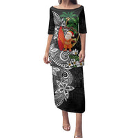 Polynesian Family Matching Puletasi and Hawaiian Shirt Tropical Santa - Plumeria Black Vintage LT7 Mom's Dress Black - Polynesian Pride