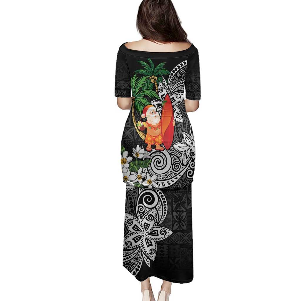 Polynesian Family Matching Puletasi and Hawaiian Shirt Tropical Santa - Plumeria Black Vintage LT7 - Polynesian Pride