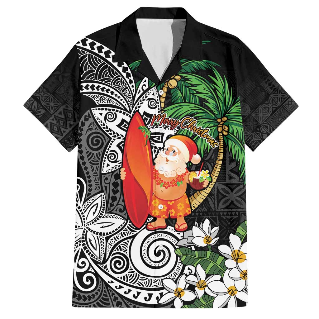 Polynesian Family Matching Short Sleeve Bodycon Dress and Hawaiian Shirt Tropical Santa - Plumeria Black Vintage
