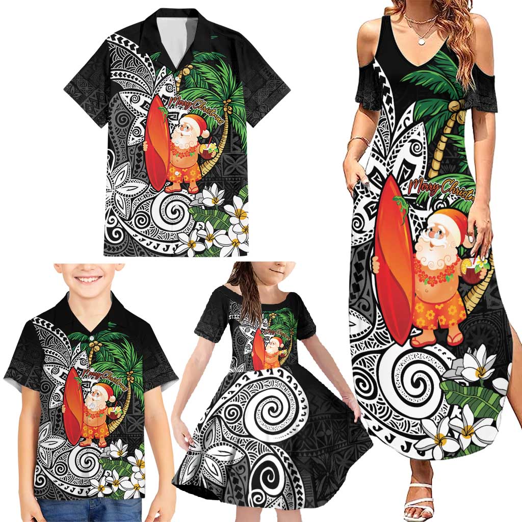 Polynesian Family Matching Summer Maxi Dress and Hawaiian Shirt Tropical Santa - Plumeria Black Vintage
