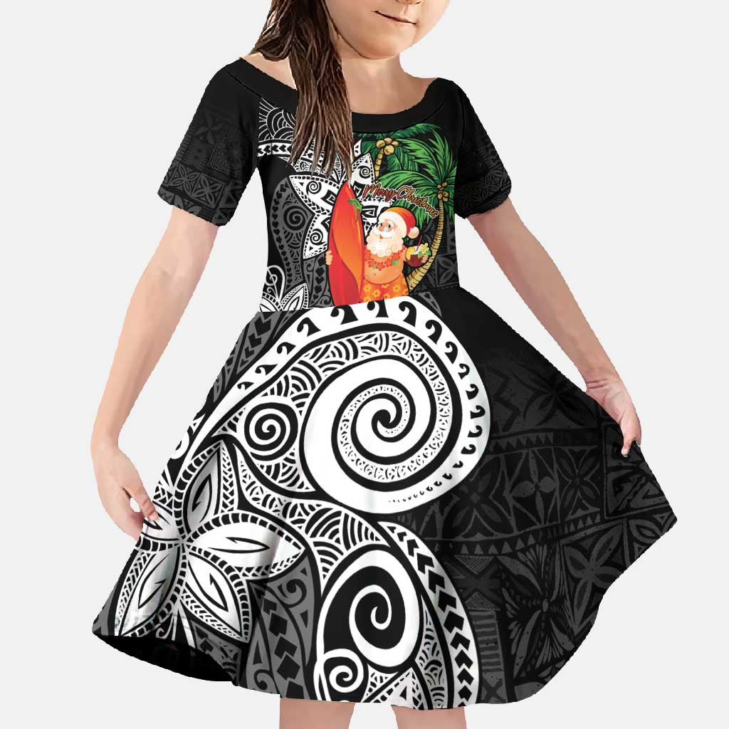 Polynesian Family Matching Tank Maxi Dress and Hawaiian Shirt Tropical Santa - Plumeria Black Vintage LT7 Daughter's Dress Black - Polynesian Pride