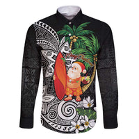 Polynesian Family Matching Tank Maxi Dress and Hawaiian Shirt Tropical Santa - Plumeria Black Vintage LT7 Dad's Shirt - Long Sleeve Black - Polynesian Pride