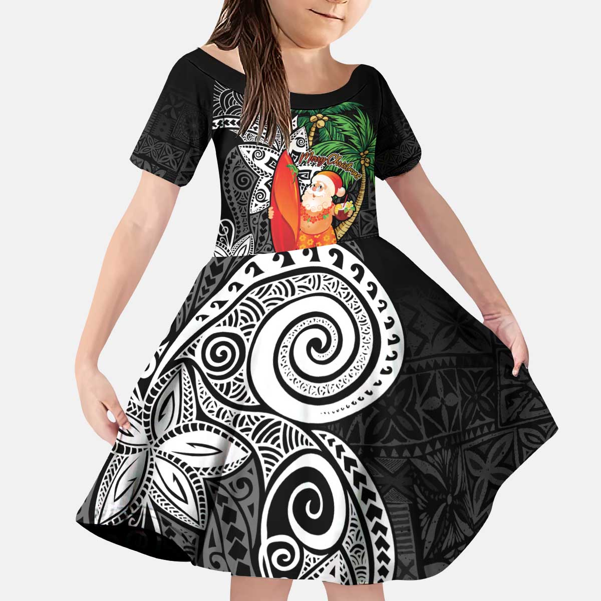 Polynesian Kid Short Sleeve Dress Tropical Santa - Plumeria Black Vintage LT7 KID Black - Polynesian Pride