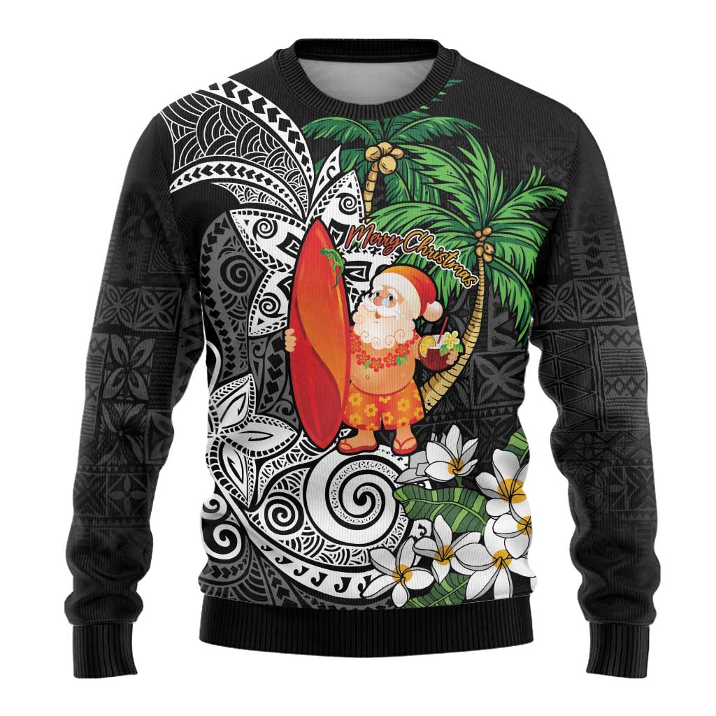 Polynesian Ugly Christmas Sweater Tropical Santa - Plumeria Black Vintage LT7 - Polynesian Pride