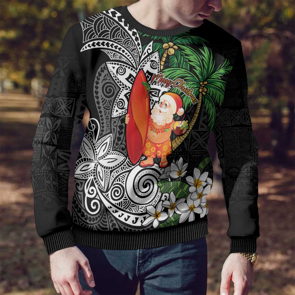 Polynesian Ugly Christmas Sweater Tropical Santa - Plumeria Black Vintage LT7 - Polynesian Pride