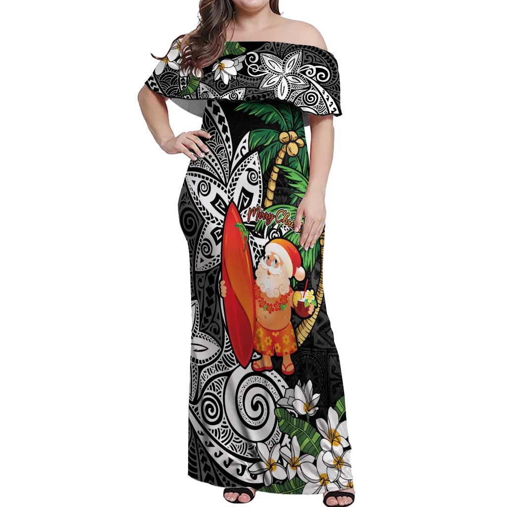 Polynesian Off Shoulder Maxi Dress Tropical Santa - Plumeria Black Vintage LT7 Women Black - Polynesian Pride