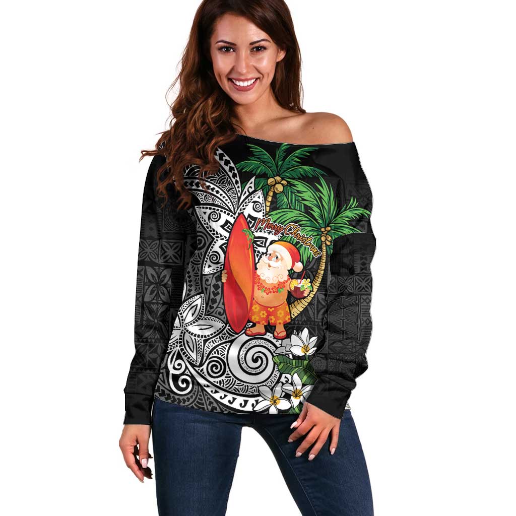 Polynesian Off Shoulder Sweater Tropical Santa - Plumeria Black Vintage LT7 Women Black - Polynesian Pride