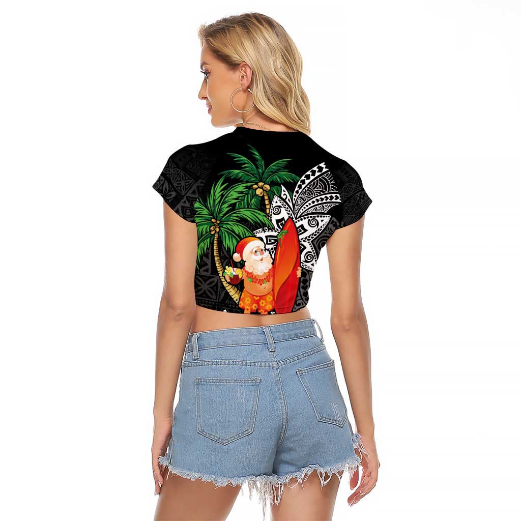 Polynesian Raglan Cropped T Shirt Tropical Santa - Plumeria Black Vintage