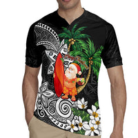 Polynesian Rugby Jersey Tropical Santa - Plumeria Black Vintage LT7 - Polynesian Pride