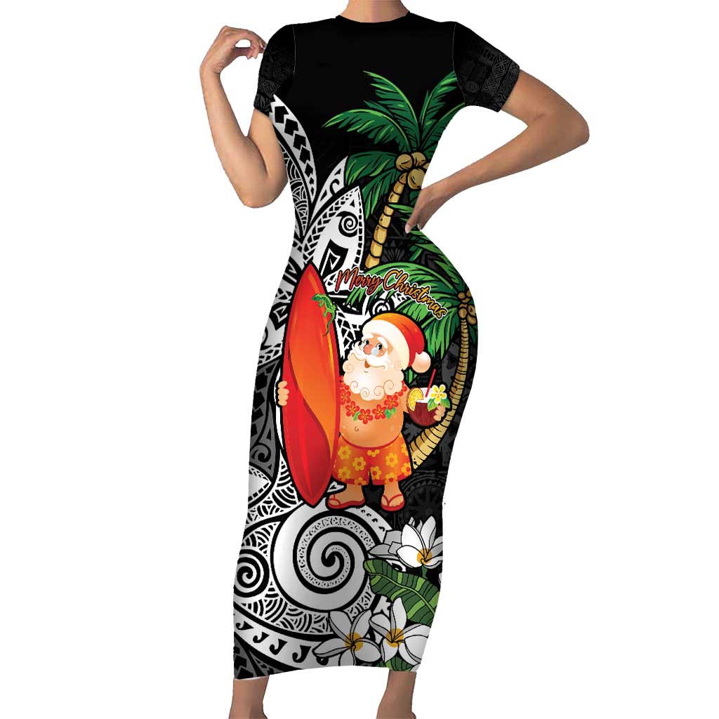 Polynesian Short Sleeve Bodycon Dress Tropical Santa - Plumeria Black Vintage LT7 Long Dress Black - Polynesian Pride