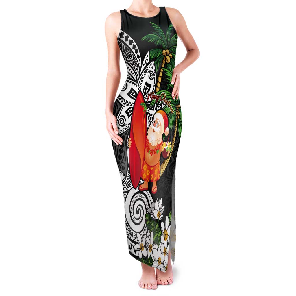 Polynesian Tank Maxi Dress Tropical Santa - Plumeria Black Vintage LT7 Women Black - Polynesian Pride