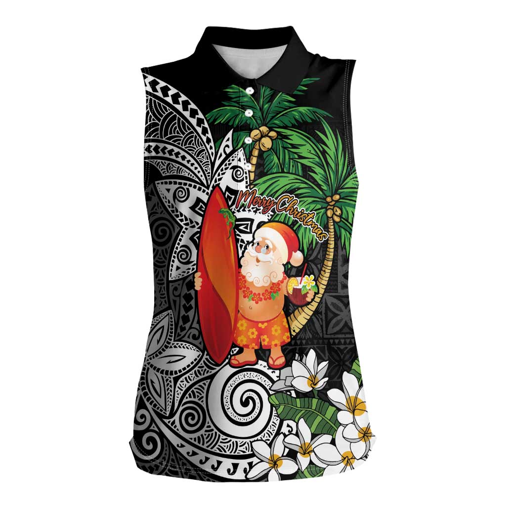 Polynesian Women Sleeveless Polo Shirt Tropical Santa - Plumeria Black Vintage