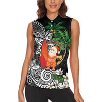 Polynesian Women Sleeveless Polo Shirt Tropical Santa - Plumeria Black Vintage