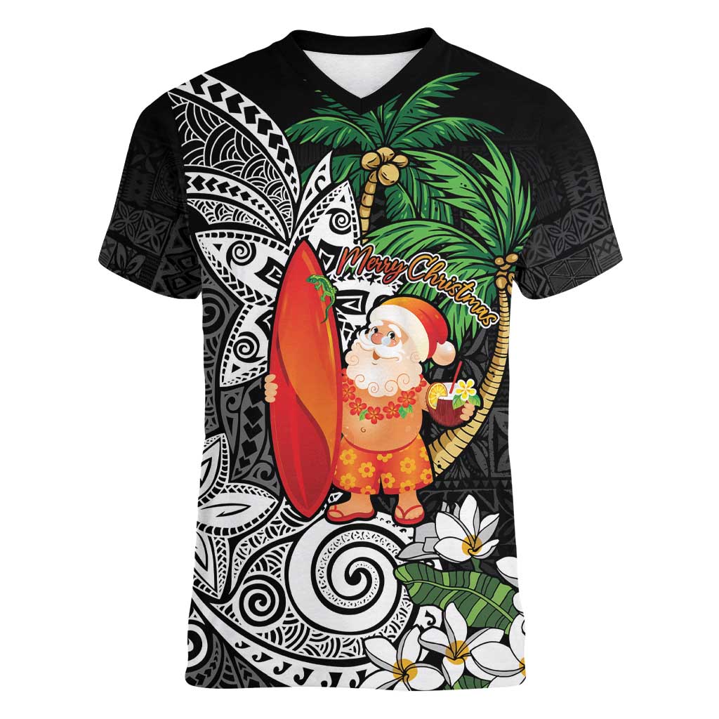 Polynesian Women V-Neck T-Shirt Tropical Santa - Plumeria Black Vintage