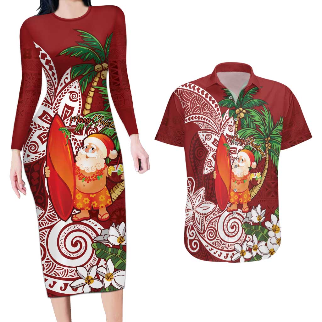 Polynesian Couples Matching Long Sleeve Bodycon Dress and Hawaiian Shirt Tropical Santa - Plumeria Red Vintage LT7 Red - Polynesian Pride