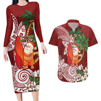 Polynesian Couples Matching Long Sleeve Bodycon Dress and Hawaiian Shirt Tropical Santa - Plumeria Red Vintage LT7 Red - Polynesian Pride