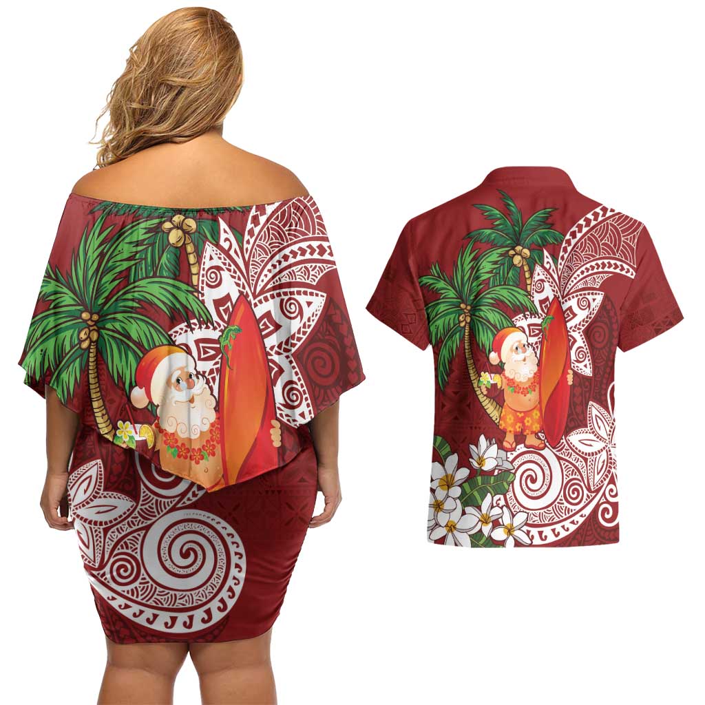 Polynesian Couples Matching Off Shoulder Short Dress and Hawaiian Shirt Tropical Santa - Plumeria Red Vintage