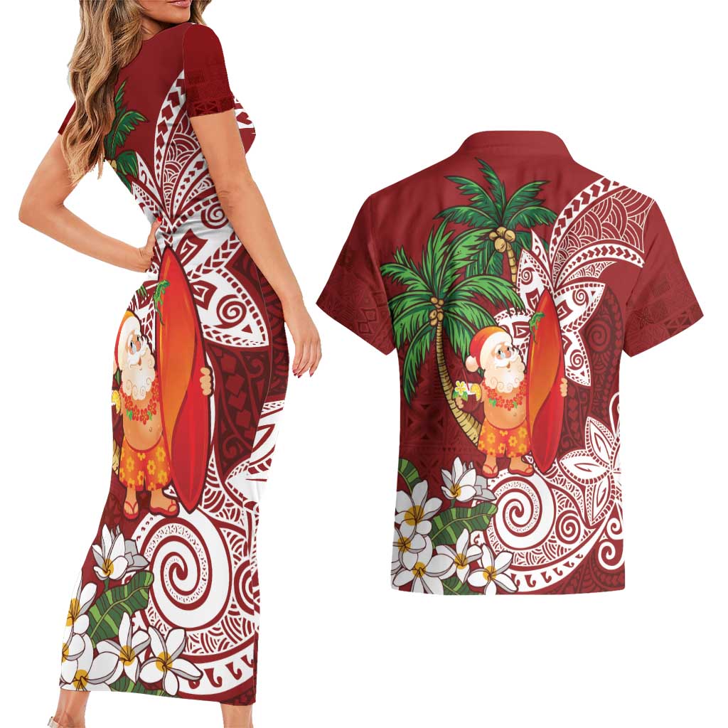 Polynesian Couples Matching Short Sleeve Bodycon Dress and Hawaiian Shirt Tropical Santa - Plumeria Red Vintage LT7 - Polynesian Pride