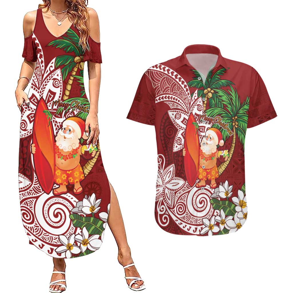 Polynesian Couples Matching Summer Maxi Dress and Hawaiian Shirt Tropical Santa - Plumeria Red Vintage