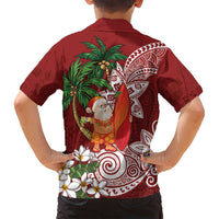 Polynesian Family Matching Long Sleeve Bodycon Dress and Hawaiian Shirt Tropical Santa - Plumeria Red Vintage